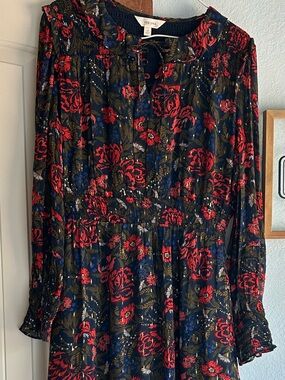 Per Una Marks Spencer Navy Floral Metallic Maxi Dress Smocked  Size 10